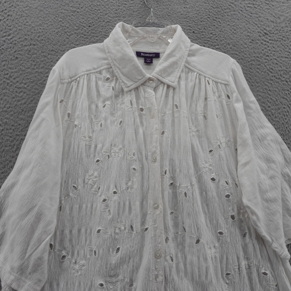 Roamans Embroidered Blouse Tunic Top 18 20 White Womens Cotton Button Down - Picture 3 of 12